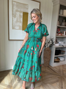 Green & Red Floral Tiered Dress