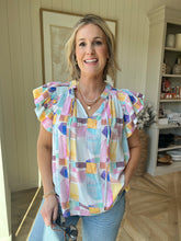 Load image into Gallery viewer, Pastel Geometric Ruffle Blouse
