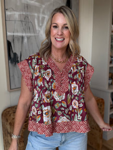 Burgandy Print Quilted Top