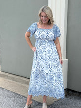 Load image into Gallery viewer, White &amp; Blue Embroidery Smocked Dress
