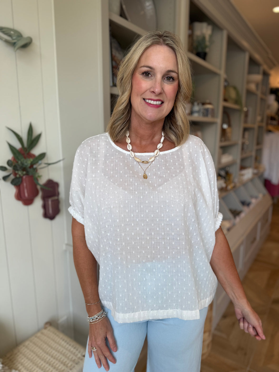 White Elastic Sleeve Blouse with Metallic