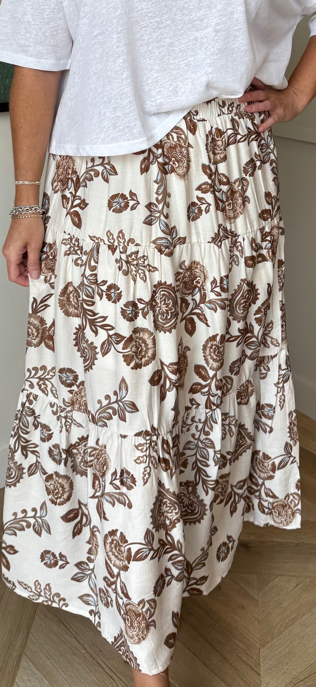 Ivory Brown Floral Tiered Skirt