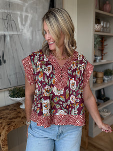 Burgandy Print Quilted Top