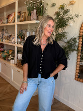 Load image into Gallery viewer, Black Linen Balloon V-Neck Blouse
