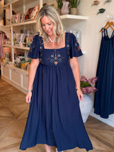 Load image into Gallery viewer, Navy Midi Dress with Embroidery Detail
