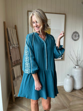Load image into Gallery viewer, Teal Gauze Embroidered Dress
