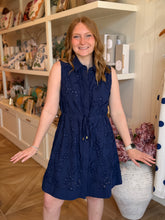 Load image into Gallery viewer, Navy Eyelet Drawstring Short Dress

