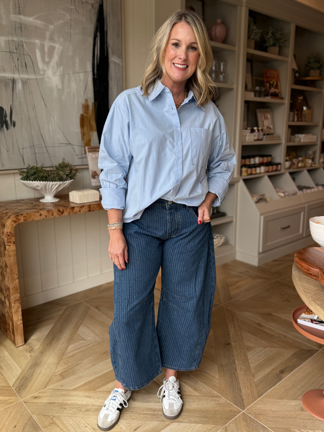 Striped Denim Barrel Leg Jeans