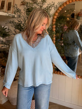 Load image into Gallery viewer, Sky Blue Lace Trim Sweater
