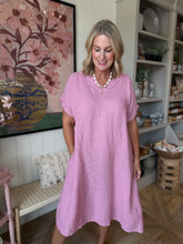 Load image into Gallery viewer, Pink ONE SIZE Linen VNeck Midi Dress
