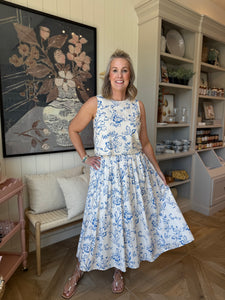 2 Pc White & Blue Floral Skirt and Top