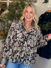Load image into Gallery viewer, Black Floral Button Down Printed Bouse
