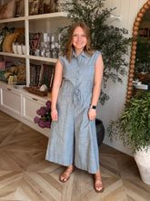 Load image into Gallery viewer, Misty Gray Striped Drawstring Jumpsuit
