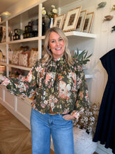 Load image into Gallery viewer, Olive Floral Tie Neck Blouse
