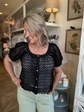 Load image into Gallery viewer, Black Floral Trim Open Weave Top
