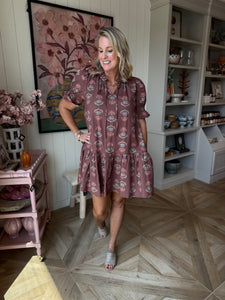 Brown Floral Short Sleeve Tie Neck Dress