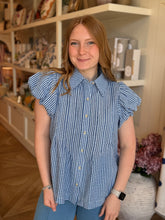 Load image into Gallery viewer, Blue &amp; White Gingham Puff Sleeve Blouse
