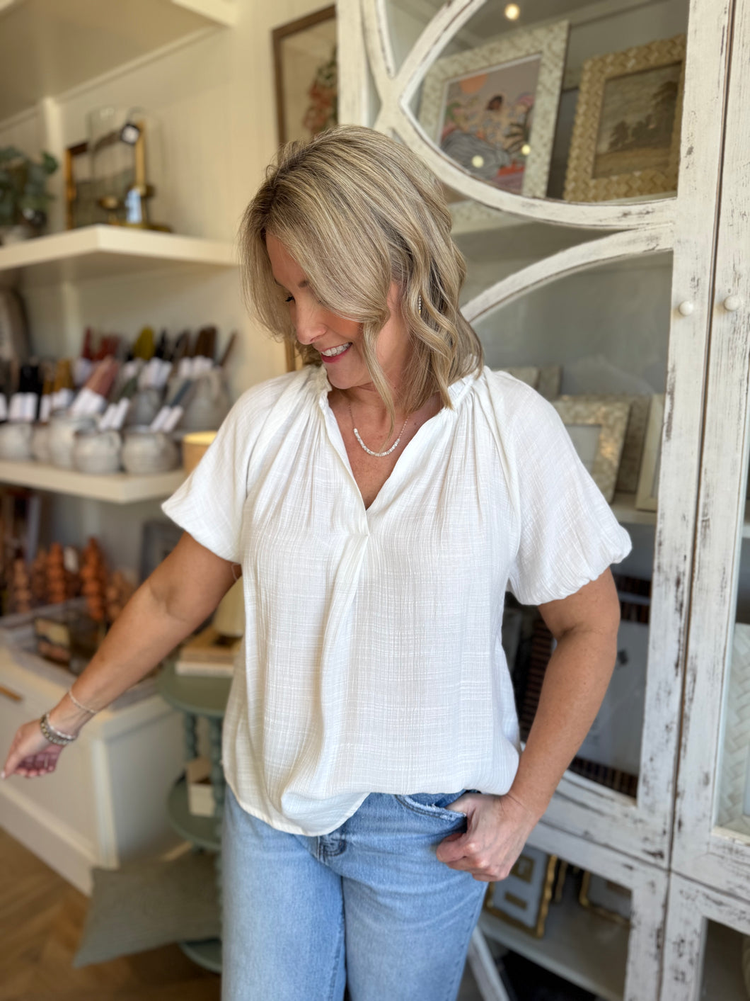 White Puff Sleeve V-Neck Blouse