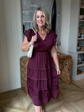 Load image into Gallery viewer, Deep Wine V-Neck Ruffle Midi Dress
