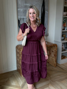 Deep Wine V-Neck Ruffle Midi Dress