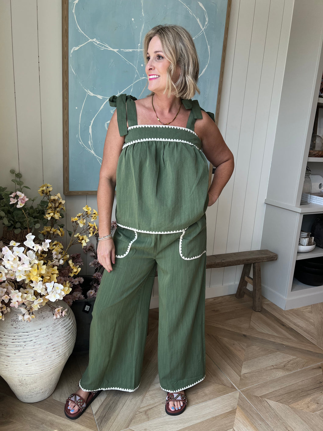 2 pc. Olive Embroidered Pant Set