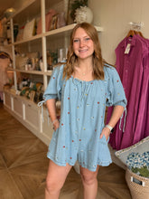 Load image into Gallery viewer, Embroidered Denim Romper w/ Fowers
