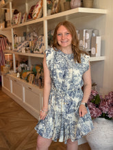 Load image into Gallery viewer, Blue Toile Padded Shoulder Dress
