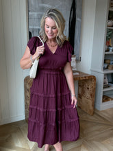 Load image into Gallery viewer, Deep Wine V-Neck Ruffle Midi Dress
