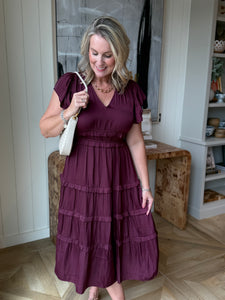 Deep Wine V-Neck Ruffle Midi Dress