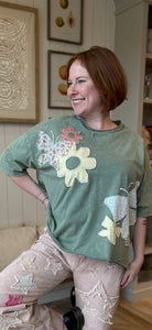 Green Washed Flower & Butterfly Top