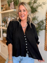Load image into Gallery viewer, Black Linen Balloon V-Neck Blouse
