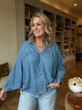 Load image into Gallery viewer, Oversized Chambray Denim Raglan Sleeve Blouse-Plus Sizes Available
