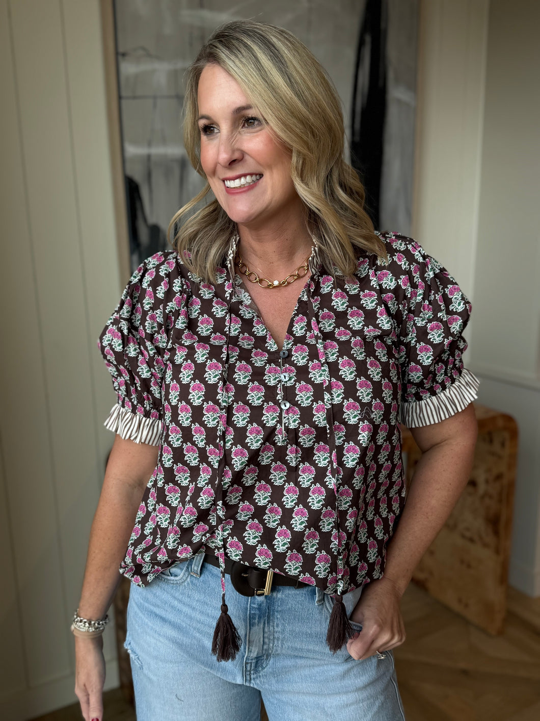Brown Calico Smock Top