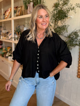 Load image into Gallery viewer, Black Linen Balloon V-Neck Blouse
