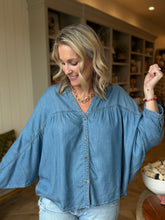 Load image into Gallery viewer, Oversized Chambray Denim Raglan Sleeve Blouse-Plus Sizes Available
