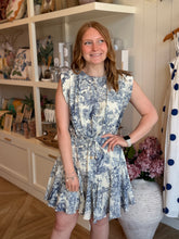 Load image into Gallery viewer, Blue Toile Padded Shoulder Dress
