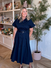 Load image into Gallery viewer, Navy Belted Trench Midi Dress
