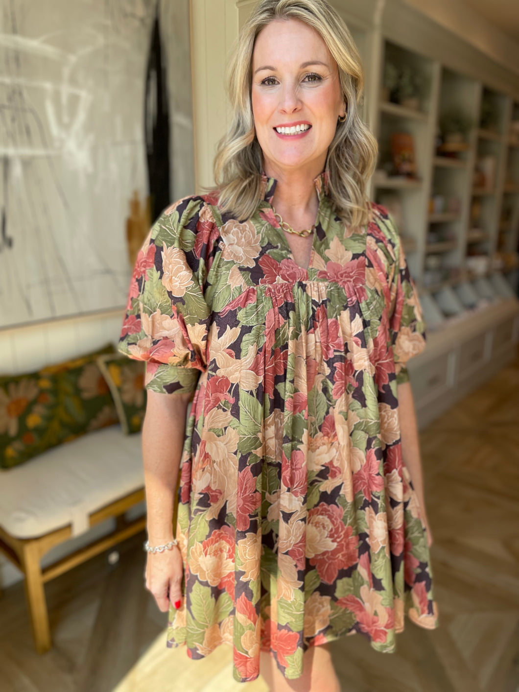 Floral Leaf Dress with Pleated Collar- Plus Sizes Available