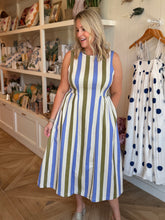 Load image into Gallery viewer, Olive &amp; Blue Stripe Midi Dress
