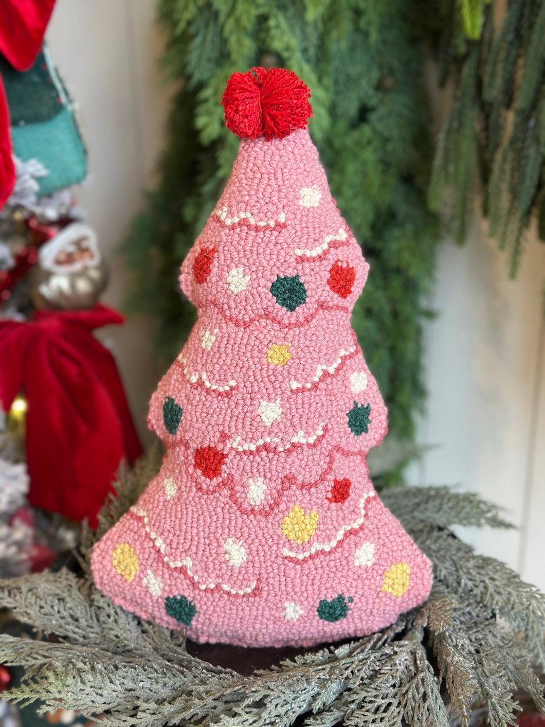 Pink Shaped Holiday Tree Hook Pillow w/Pom