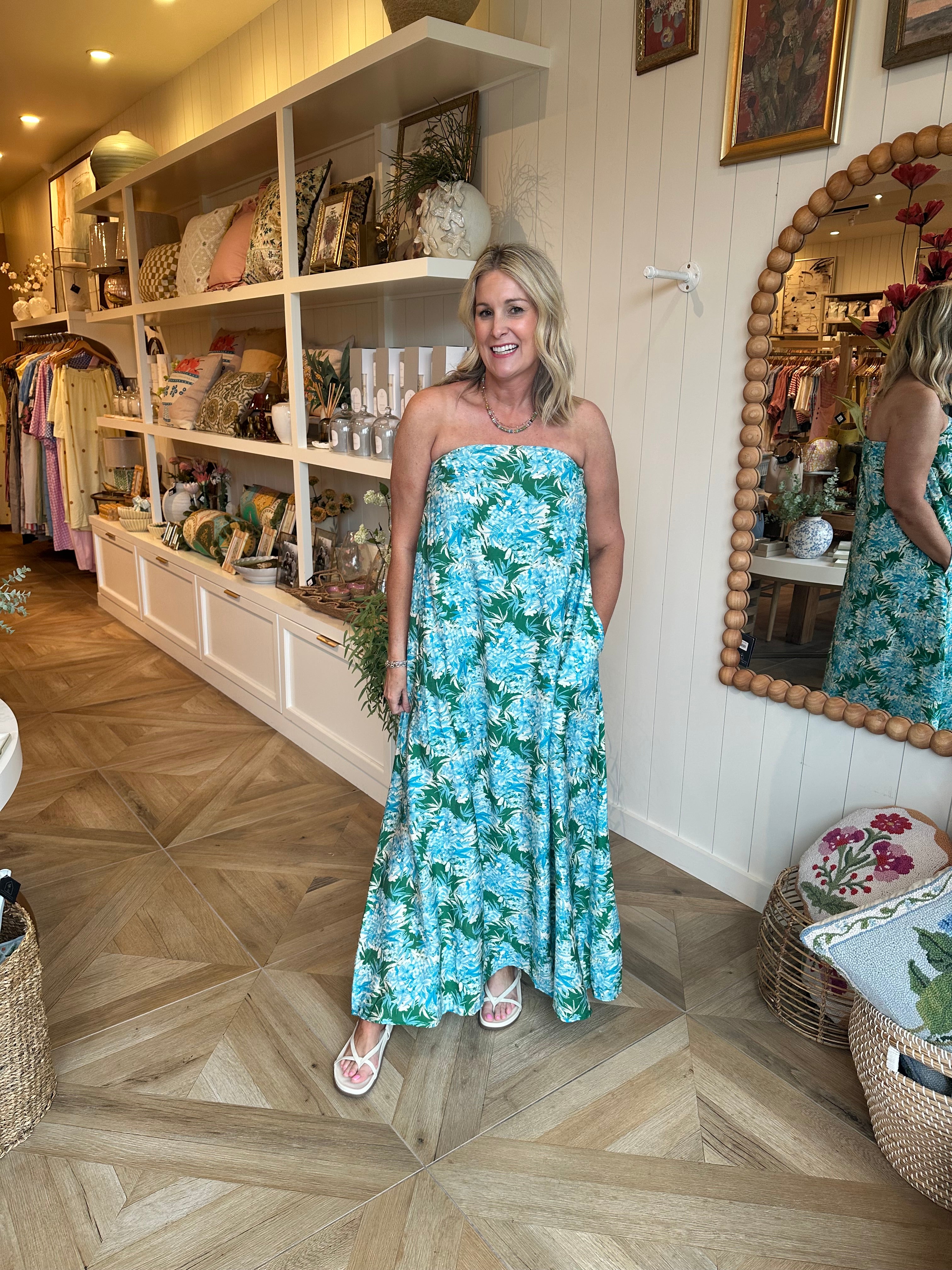 Blue Green Floral Strapless Maxi Dress – Modern Cottage Tulsa, OK