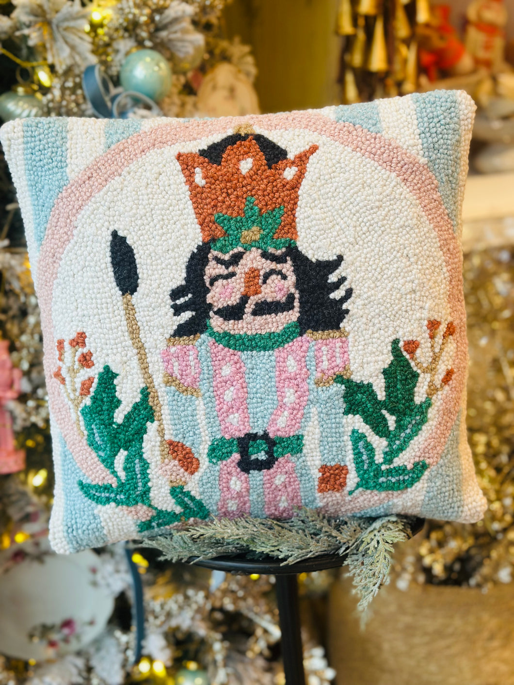Holly Stripe Nutcracker Hook Pillow