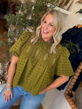 Load image into Gallery viewer, Olive Eyelet Puff Sleeve Top
