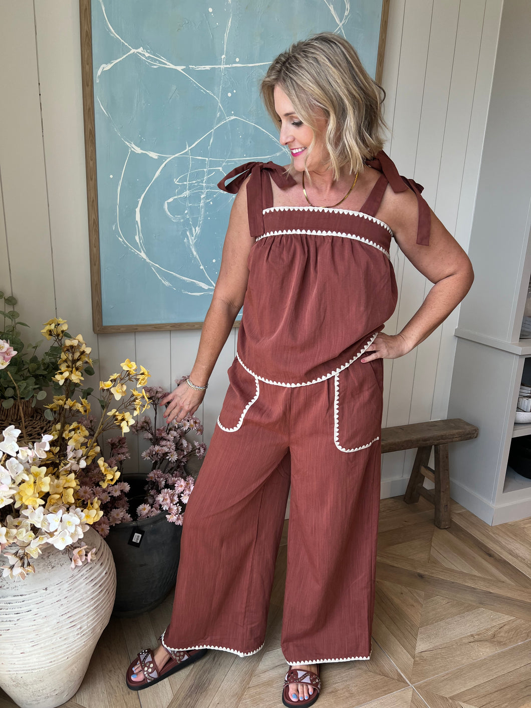 2 pc Chestnut Embroidered Pant Set