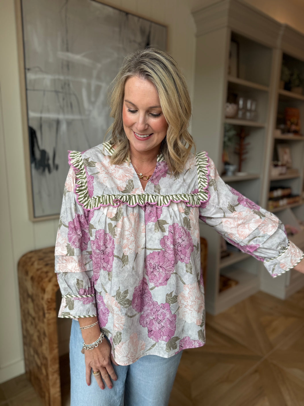 Mauve & Green Floral 3/4 Sleeve Blouse