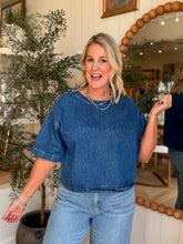 Load image into Gallery viewer, Round Neck Short Sleeve Denim Crop Top
