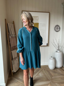 Teal Gauze Embroidered Dress
