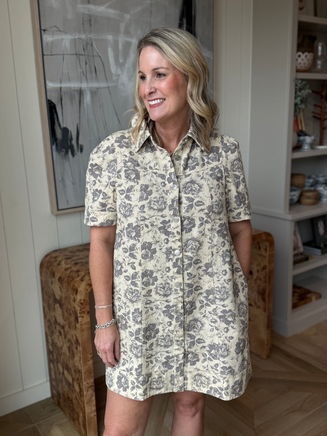Grey & Taupe Floral Denim Dress