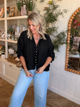 Load image into Gallery viewer, Black Linen Balloon V-Neck Blouse
