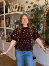 Load image into Gallery viewer, Brown Polka Dot Smocked Waist Top
